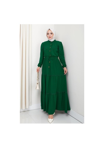Hb Harma Time Butik Kadın Dantel Detaylı Bel Bağcıklı Yeşil Ayrobin Elbise Yeşil Yeşil