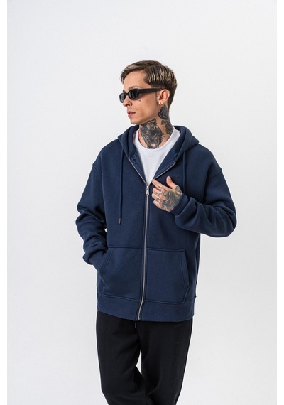 Erkek Respire Yazı Detaylı Kapüşonlu Basic Zip Oversize Hoodie Lacivert