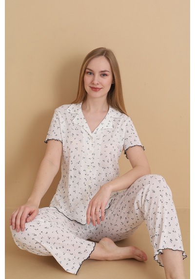 Wordex Mirano 1714 Çiçekli Pointel İnce Kumaş Düğmeli Kısa Kollu Kadın Pijama Takımı Ekru