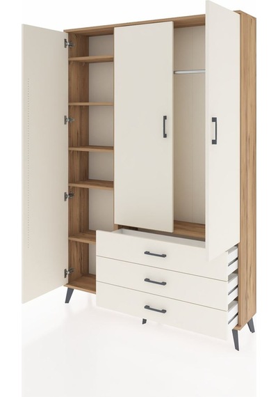 Arges Dolap 6 Raflı 3 Çekmeceli Tek Askılı 132x30x195 Çam-ayt... Çam