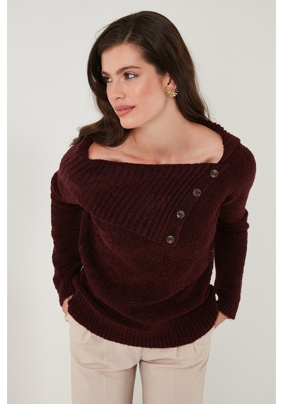 Lela Premium Regular Fit Kayık Yaka Düğme Detaylı Bayan Kazak 680Kz002563 Bordo