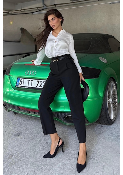 Madmext Siyah Yüksek Bel Pileli Kadın Kumaş Pantolon Mg2507 siyah