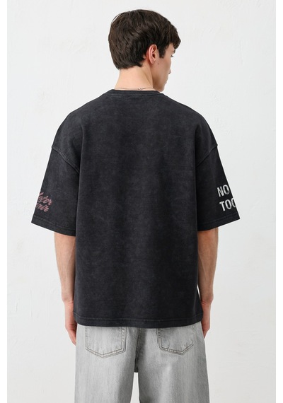 Vamos Oversize Baskılı Tişört V70-167 Siyah