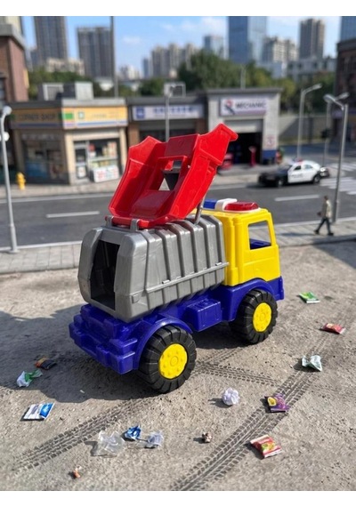 Sürtmeli 20cm 3 Parça Aksesuarlı Çöp Kamyonu İş Makinası Temalı Eğitici Oyuncak Araba Çok Renkli