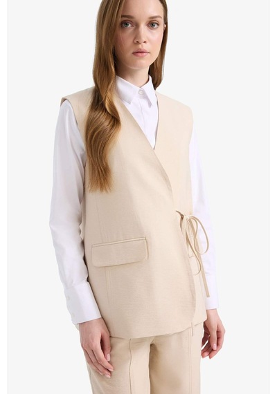 DeFacto V Yaka Bağcıklı Basic Düz Blazer Yelek E4358AX25SPBG702 Bej