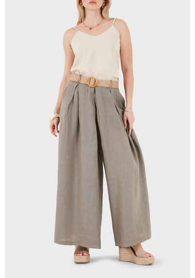 Via Dante Relaxed Fit Yüksek Bel Bol Paça Keten Pantolon Bayan Pantolon 7544 Toprak