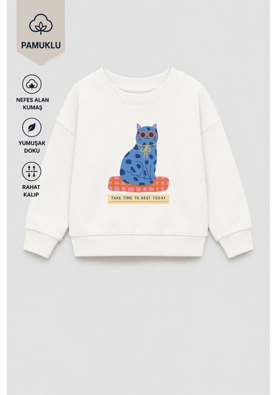 Monila Kız Çocuk 3 İplik Kumaş Pamuklu Mavi Kedi Baskılı Sweatshirt Ekru