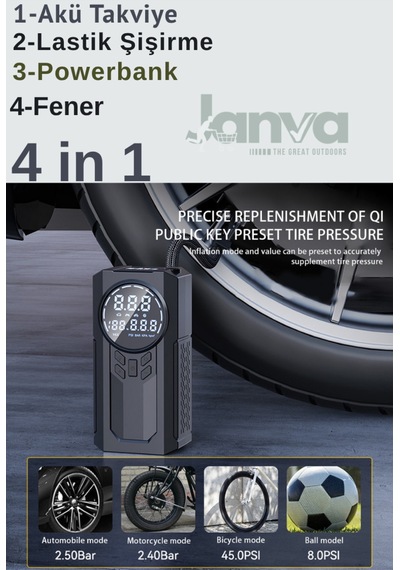 4 In 1 Çok Işlevli 150 Psı 7.4 V 8000 Mah Powerbank Özellikli Hava Oto Kompresörü