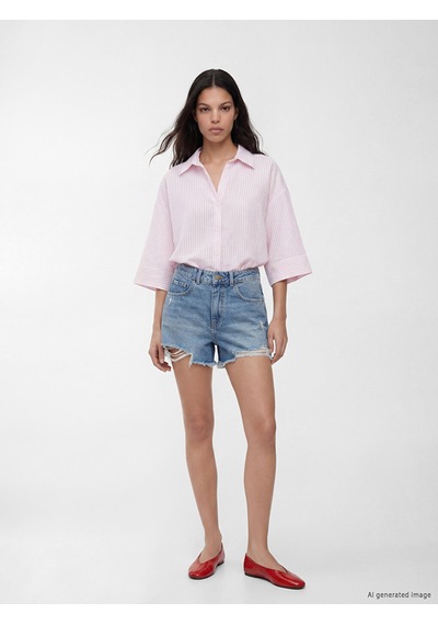 Lcw Vision Pembe Çizgili Oversize Poplin Kadın Gömlek