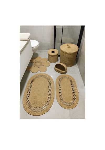 Mavaux Looma Doğal Görünümlü Hasır Jüt Oval Paspaslı Banyo Seti Çamaşır Sepeti Ve Paspas Takımı Hasır