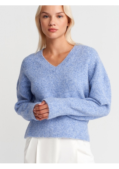Dilvin 10645 V Yaka Yumuşak Dokulu Triko Kazak-indigo M. İndigo M.
