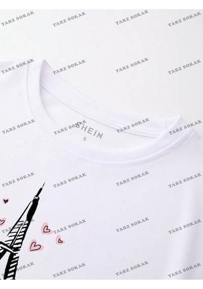 Startmore Crop Ckod-232913 Eyfel Kulesi Ve Mektup Grafikli Beyaz