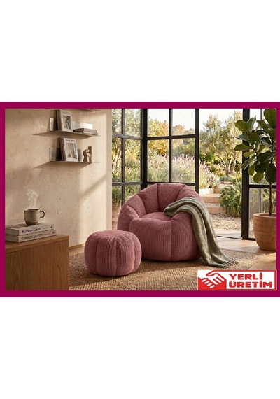 Herev Puf/ Tekli Puf Berjer / Baba Koltuğu / Papatya Modelli Kadife Kumaşlı Puf Takımı Pembe