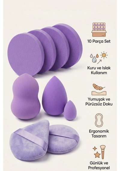 Mor Renk 10 Parça Profesyonel Makyaj Süngeri Seti Pudra Puff Blender