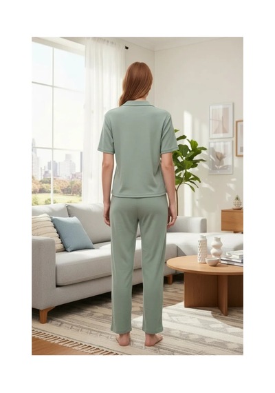 İkikareshop Özel Tasarım Kadın Yeşil Polo Yaka Pijama Takımı %100 Pamuk Çok Renkli