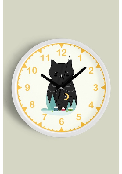 Sevimli Kedi Temalı Modern Duvar Saati - 25cm - Önü Camlı Beyaz Kasa - Sessiz Mekanizma-jh0100 Beyaz