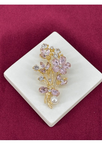Pembe Ve Gümüş Parlak Taşlı Çiçekli Ve İnci Detaylı Gold Broş Gold