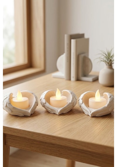 Melek Işığı Seti 3 Lü Melek Kanatlı Led Mum Dekoratif Tealight 8 X 7 Cm Beyaz