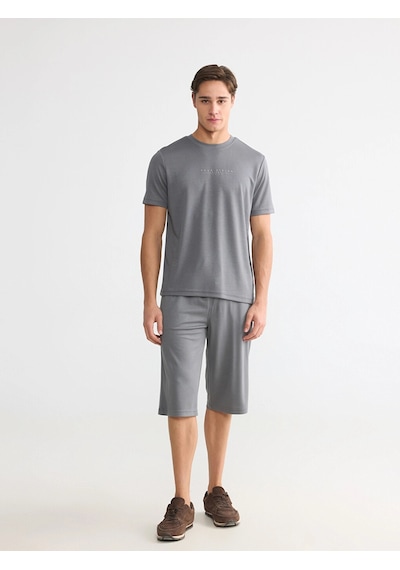 LC Waikiki Lcwaıkıkı Classic Gri Bisiklet Yaka Baskılı Erkek Penye Tişört Dark Grey