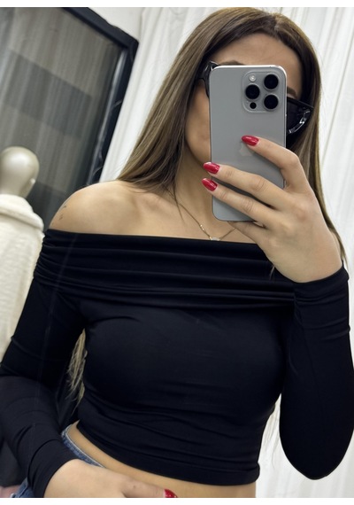 Daves Madonna Yaka Drapeli Uzun Kollu Sandy Body Bluz-siyah Siyah