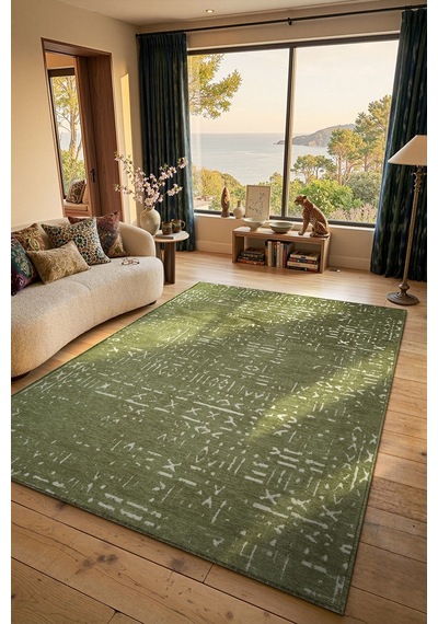 Mikasa Mks01y Yeşil Dekoratif Şönil Kilim İskandinav Desen Yıkanabilir Yumuşak Kaymaz Taban Halı Yesıl