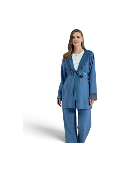 Feyza Pijadore Kadın Sabahlıklı Hamile Lohusa Güpürlü Pijama Takımı 2210 Mavi