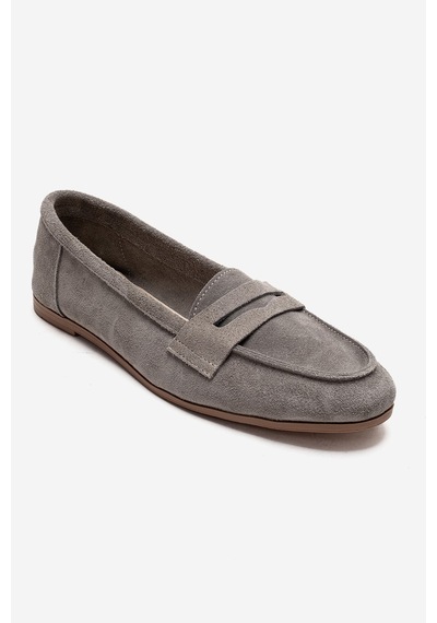 Luvishoes F02 Açık Gri Süet Hakiki Deri Kadın Loafer Ayakkabı