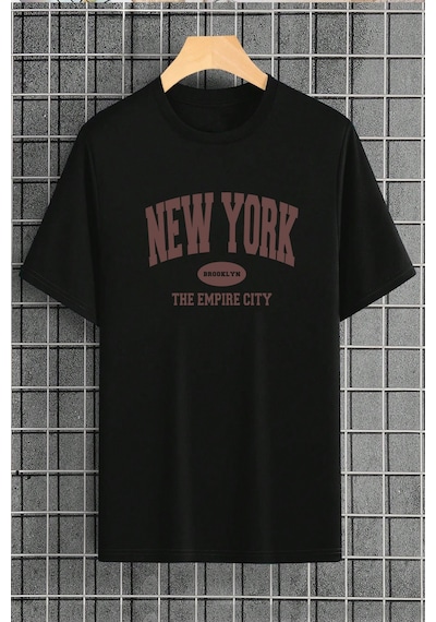 Pamuklu New York Baskılı Oversize T-shirt Siyah