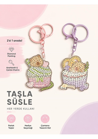 5d Elmas Taş İşlemeli Anahtarlık & Çanta Charmı 2'li Set 5x6 Cm Diamond Painting Keychain & Bag Charm Bkbt17860