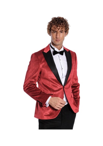 Wessi Simli Slim Fit Kadife Kırmızı Erkek Smokin Ceket - Kırmızı