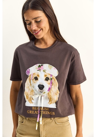 Shade Kadın Baskı Ve Payet Detaylı Fiyonklu Basic T-shirt 7643 60286115 - Kahverengi