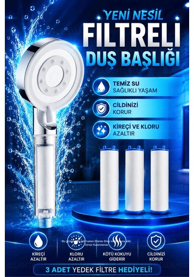 Filtreli Arıtmalı Masajlı Çok Fonksiyonlu Krom Beyaz Elit Duş Başlığı + 3 Adet Filtre Çok Renkli