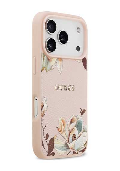Apple Uyumlu iPhone 17 Pro Kılıf Guess Lisanslı M-safeli Taneli Çiçek Tasarımlı Metal Yazı Logolu Pembe Pembe