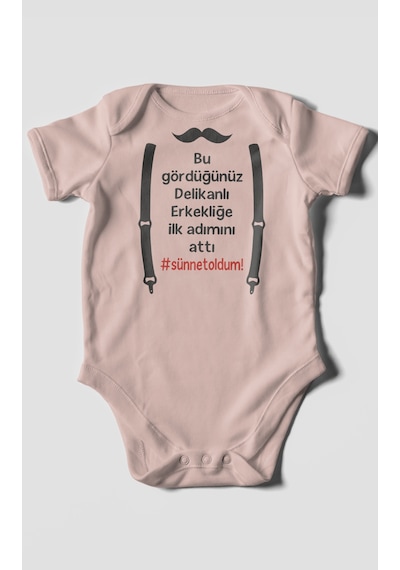 Erkekliğe İlk Adım Baskılı Bebek Zıbını Çıtçıtlı Body %100 Pamuk Kısa Kol Pastel Pembe