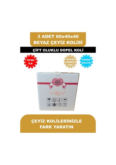 3 Adet 60x40x40 Kurdale Baskılı Beyaz Çeyiz Kolisi, İsim Yazma Alanı Renkli Baskı, Çift Oluklu