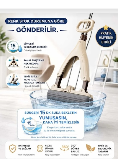 Kendinden Sıkma Mekanizmalı Mikrofiber Kelebek Mop & Paslanmaz Çelik Saplı & Sünger Sıkmalı Mop