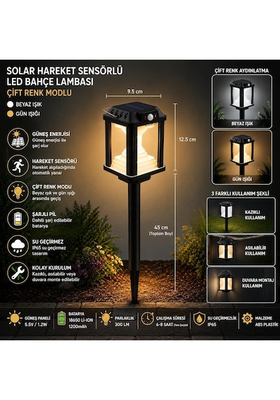 Panter Solar Bahçe Aydınlatması, Balkon Dekorasyonu, Güneş Enerjili Hareket Sensörlü, 3000k Sarı Gün Işığı