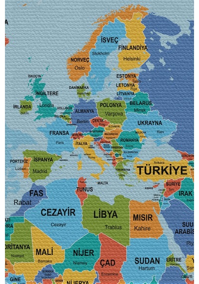 Duvar Örtüsü / Halısı Detaylı Güncel Türkçe Dünya Haritası Kaliteli Kanvas Kumaş-3974