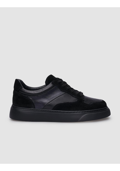 %100 Hakiki Deri Siyah Süet Bağcıklı Erkek Sneaker-siyah Siyah
