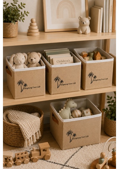 Jüt Dolap Düzenleyici Saklama Kutusu 33x33x33 Cm Katlanabilir Çok Amaçlı Organizer Sepet Doğal