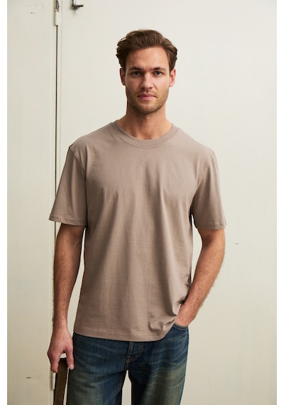 Grimelange Solo Erkek %100 Organik Pamuklu Kalın Dokulu Comfort Fit Bisiklet Yakalı Vizon T-shirt Vizon