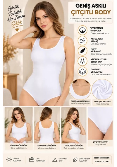 N11 Kadın Geniş Askılı Çıtçıtlı Body Beyaz, Esnek Kumaş, Vücuda Oturan Basic Kadın Body - Ryl - 2700