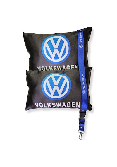 Volkswagen Dijital Baskılı Siyah Araç Boyun Yastık 2'li Set Volkswagen Mavi Oto Ayna Askısı Siyah