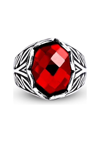 Kuyumcudukkanı Fasetli Oval Kubbe Kesim Taşlı Gümüş Erkek Yüzük-60007-w-fr 18 Beyaz