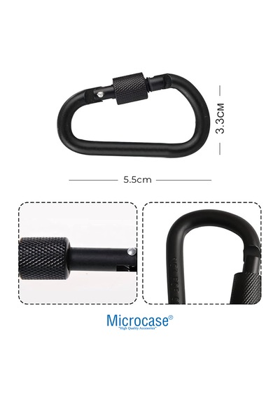 Microcase Vidalı Kilitli Karabina Askı 5.5 Cm - Çok Amaçlı D Tipi Kamp Anahtarlık Çanta Kampçılık Ekipman Sabitleme Kancası Siyah 5 Adet - Al5886