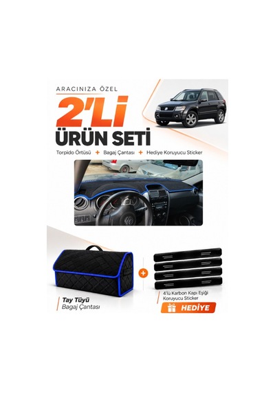 E-biz Suzukı Grand Vitara 2006-2012 Uyumlu Torpido Örtüsü + Tay Tüyü Çanta - Siyah-mavi - Sz005