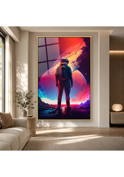 Dev Gezegen Önünde Astronot Gold Çerçeveli Cam Tablo