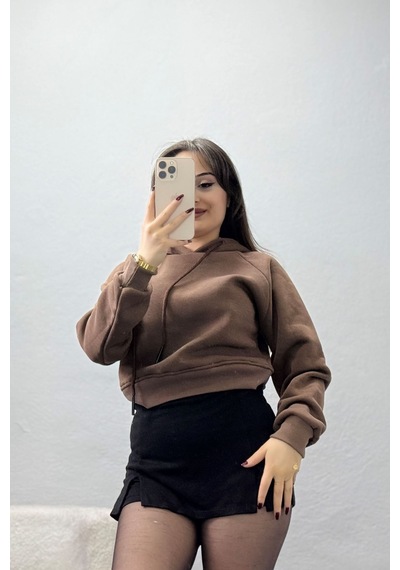 Belendir Kadın 3 İplik Kapşonlu Crop Sweat Kahve Acı Kahverengi