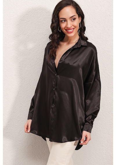 Bigdart 3985 Oversize Saten Gömlek - Siyah 001