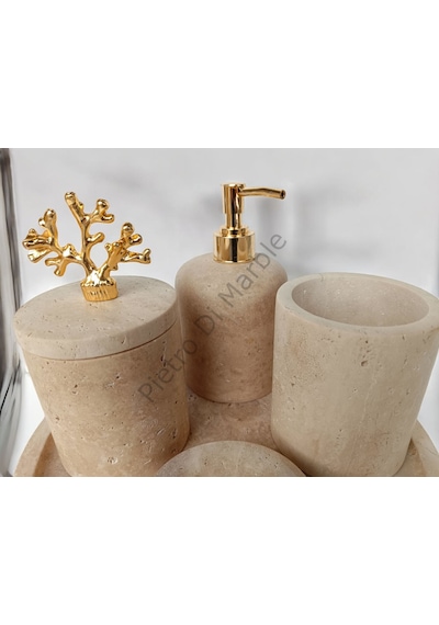 Sarı Traverten Klasik Model 5 Parça Gold Renk Mercan Aksesuarlı Banyo Seti Sarı Traverten